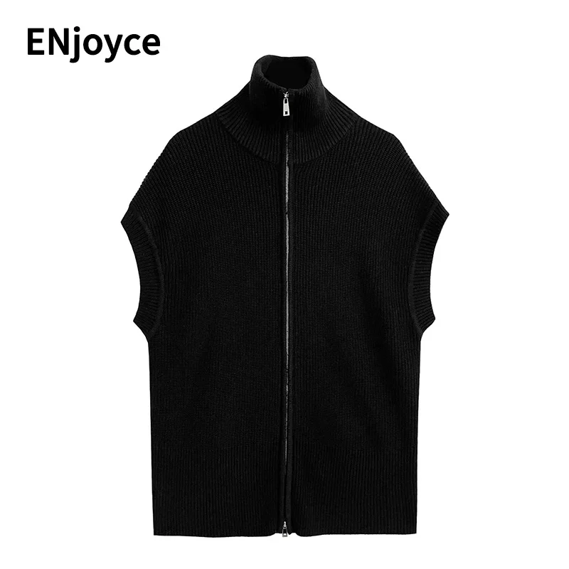 

Korean Fall Fashion Zipper Lapel Wool Knitted Sweater Vest Women Sleeveless Wide Shoulder Waistcoat Knitwear