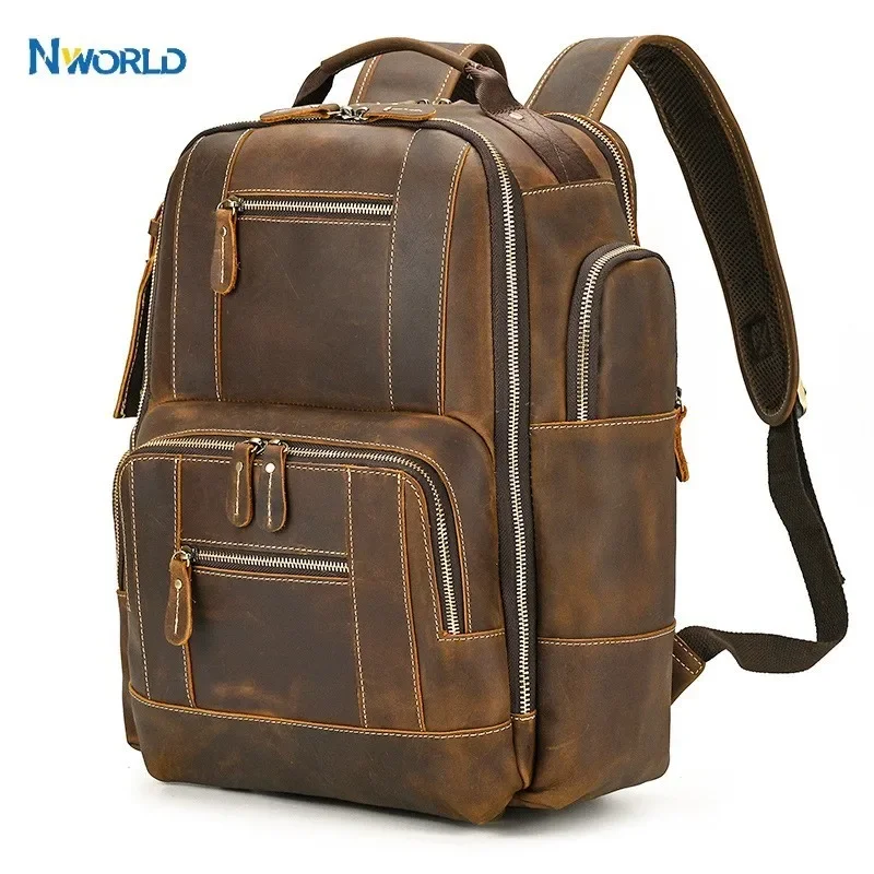 

NWORLD Men's Leather Backpack Retro Luxury Fashion Style Bagpack Travel Bag Backpack Shoold Bag For Man Leather Daypack Laptop