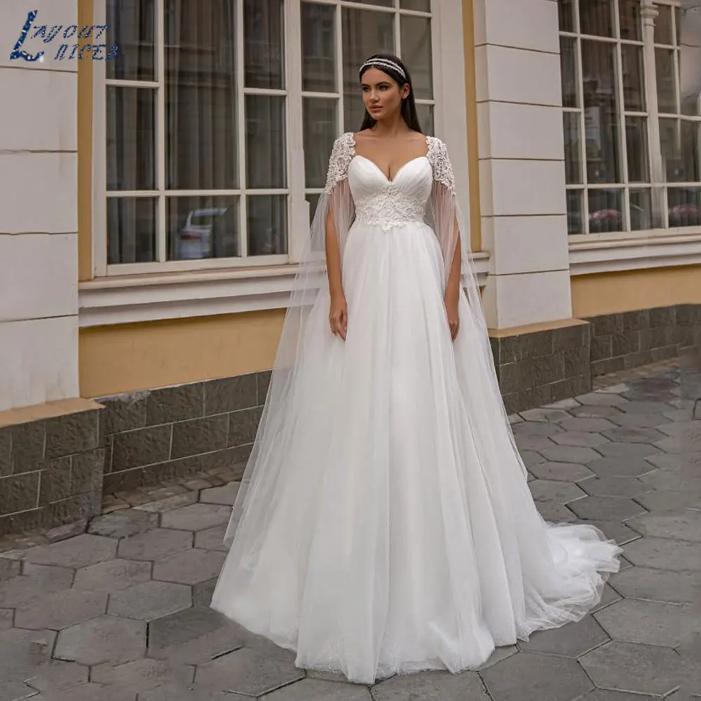 

LAYOUT NICEB Plus Size Lace V-Neck Wedding Dress Short Cap Sleeves Backless Bride Gown Back Lace Up Custom Made vestido de novia