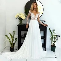 elegant appliques wedding dress long sleeve sexy deep v neck lace a line bridal gown button zipper chiffon train robe de mairee
