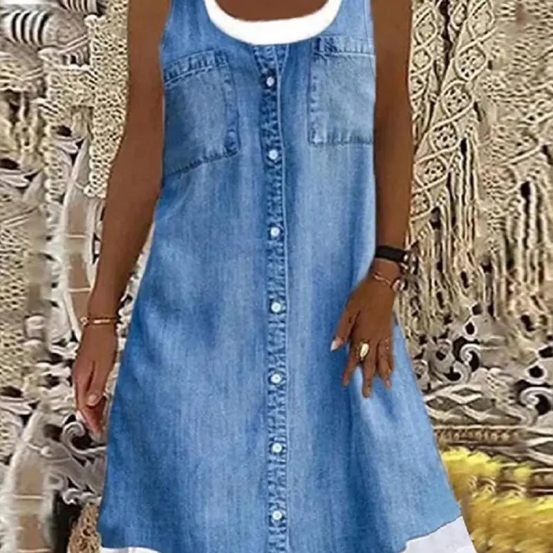 

Denim Look Print Buttoned Casual Dress Tank Loose Fit Women Summer Spliced Fashion Knee Length U Neck