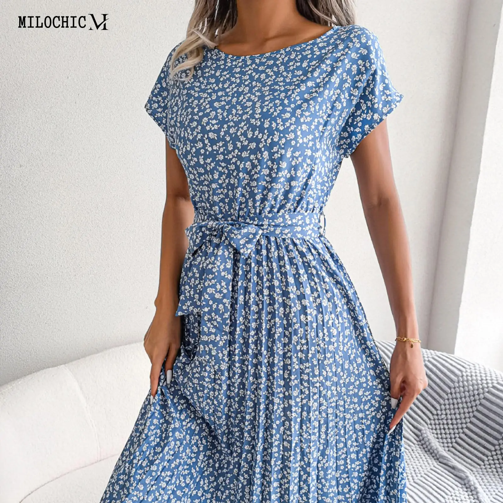 

Spring Summer Floral Dress Crewneck Female Loose Dress Lace-up Large Swing Fashion Exquisite Elegant Pleated for Cocktail Party