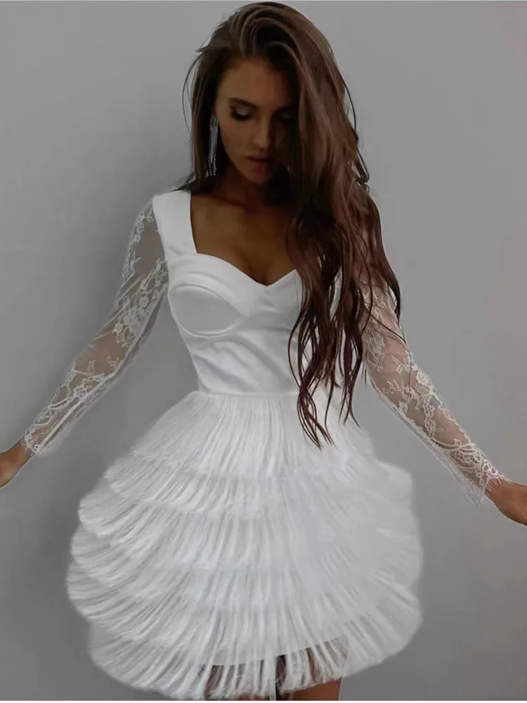 

Women Elegant White Fringed Dress Lace Long Sleeve Square Collar Bodycon Bandage Dresses Bridesmaid Celebrity Evening Party