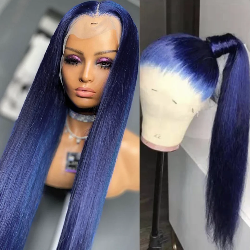 

26Inch Long Sfot Dark Blue Silky Straight Synthetic Lace Front Wig Glueless For Black Women Baby Hair Daily Cosplay 180%Density