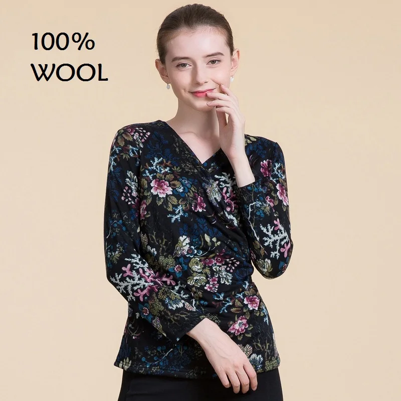 flower print 2 layers wool top women sweater flora luxury clothes vintage retro style womens clothing black ladies jumper slim