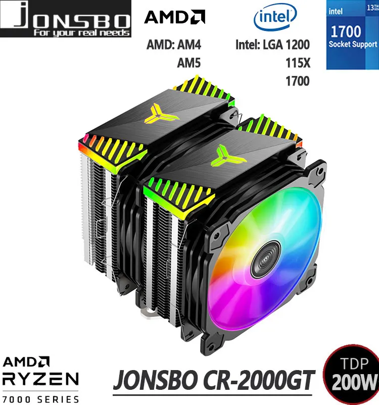 

Jonsbo CR-2000 6 тепловых труб, двойные башни, вентилятор, эффективная тепловая труба, кулер ЦП 5 В, 3-контактный, с угловым штифтом для LGA 1200 115X 1700 AM4 AM5