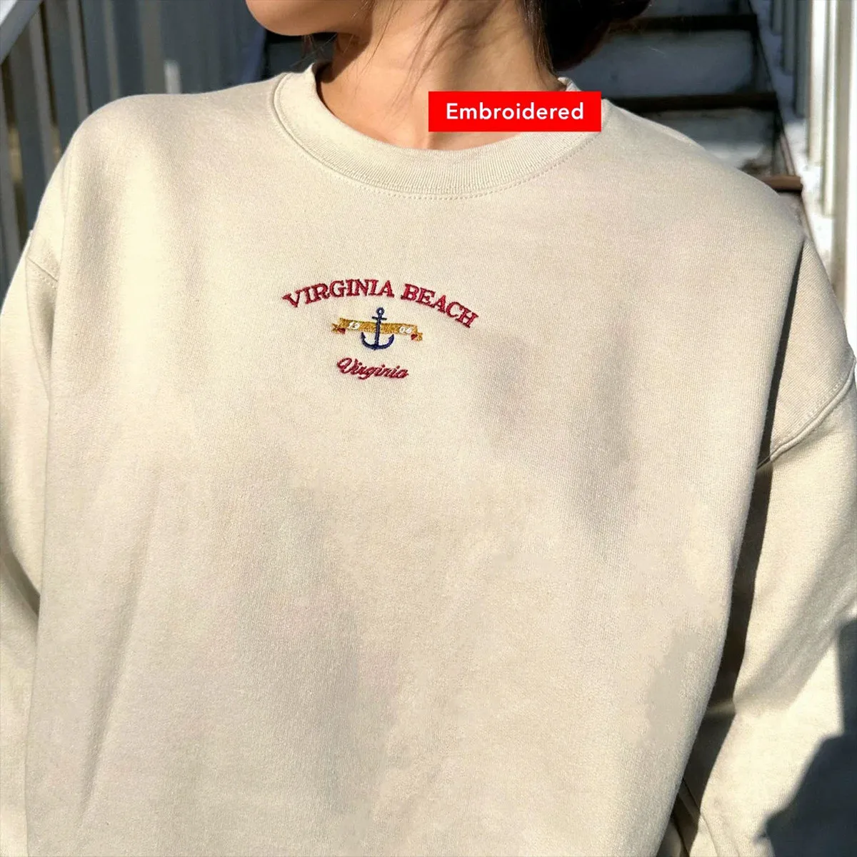 Винтажные толстовки с круглым вырезом вышивкой Virginia Beach унисекс осень-зима