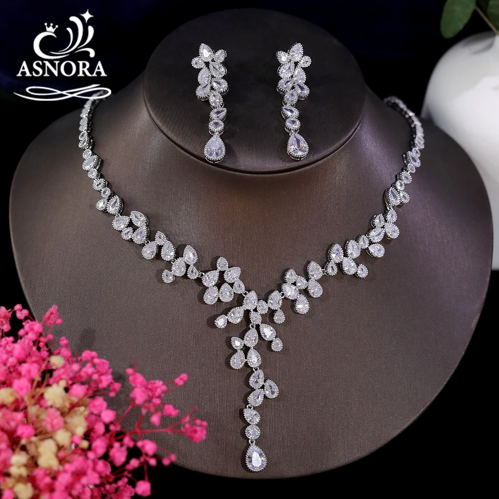 

ASNORA NEW Classic Design 2PCSJewelry Sets Cubic Zirconia Pendant Necklace For Women Wedding Party Accessories Bijoux X0437