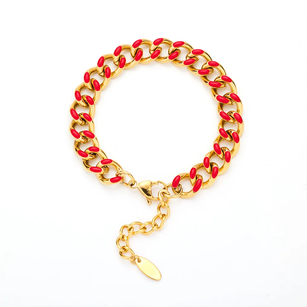 

18k Gold Plated Enamel Cuban Link Chain Bracelet for Women Pulsera Bijoux Ladies Jewelry Stainless Steel Curb Chain Bracelets