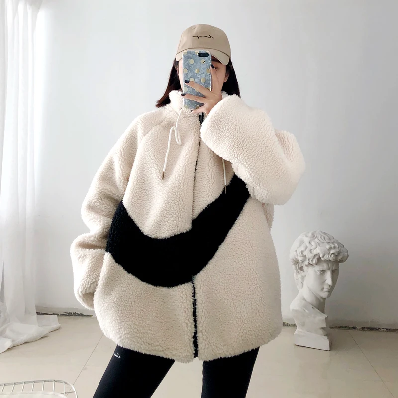Womens Man-made fur hoodie Boyfriend style letter coat winter thick Keep warm Loose woolen coat 2021