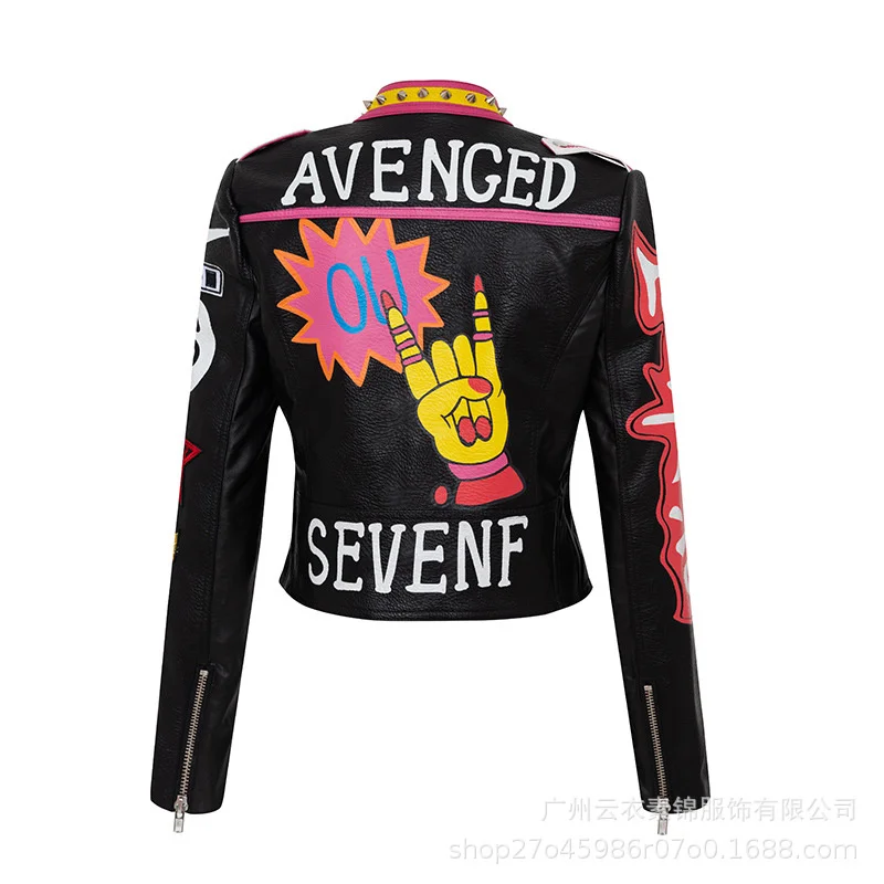 European And American Motorcycle Style Leather Coat, Women'S Graffiti Printing Heavy Industry Jacket, Fashion, Handsome, Persona