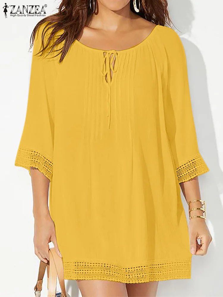 

ZANZEA Women Crewneck Tunics 3/4 Sleeve Blouse Vintage Lace Stitching Casual Loose Solid Color Shirt 2023 Summer Bandage Tops