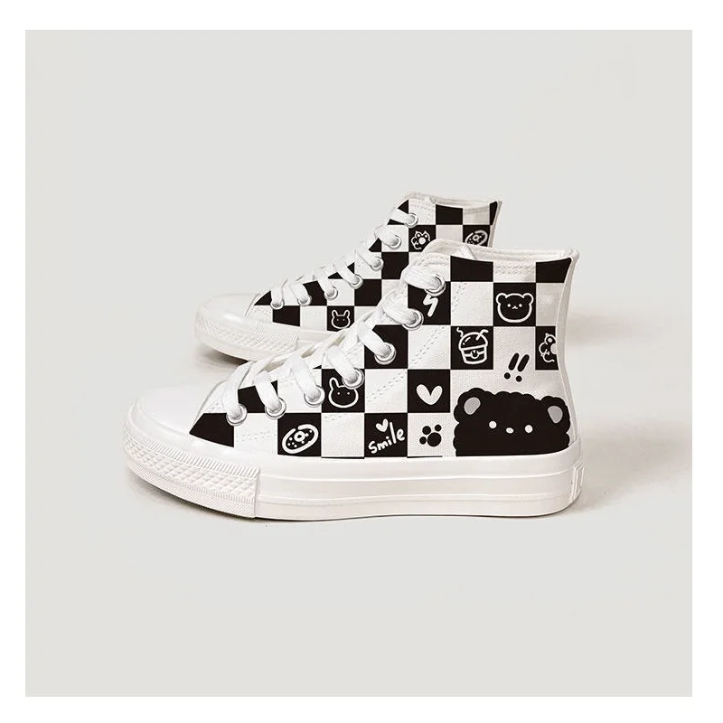 Black And White Canvas Shoes Women's Classic Checked Sneakers Female Plimsolls Woman Autumn Shoe Girl Trainers High Top Sneaker