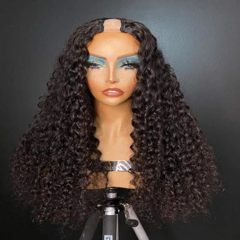 Long 150Density24inch Kinky Curly U Part Wig European Remy Human Hair Wig Glueless Natural Color Jewish Soft Wig For Black Women
