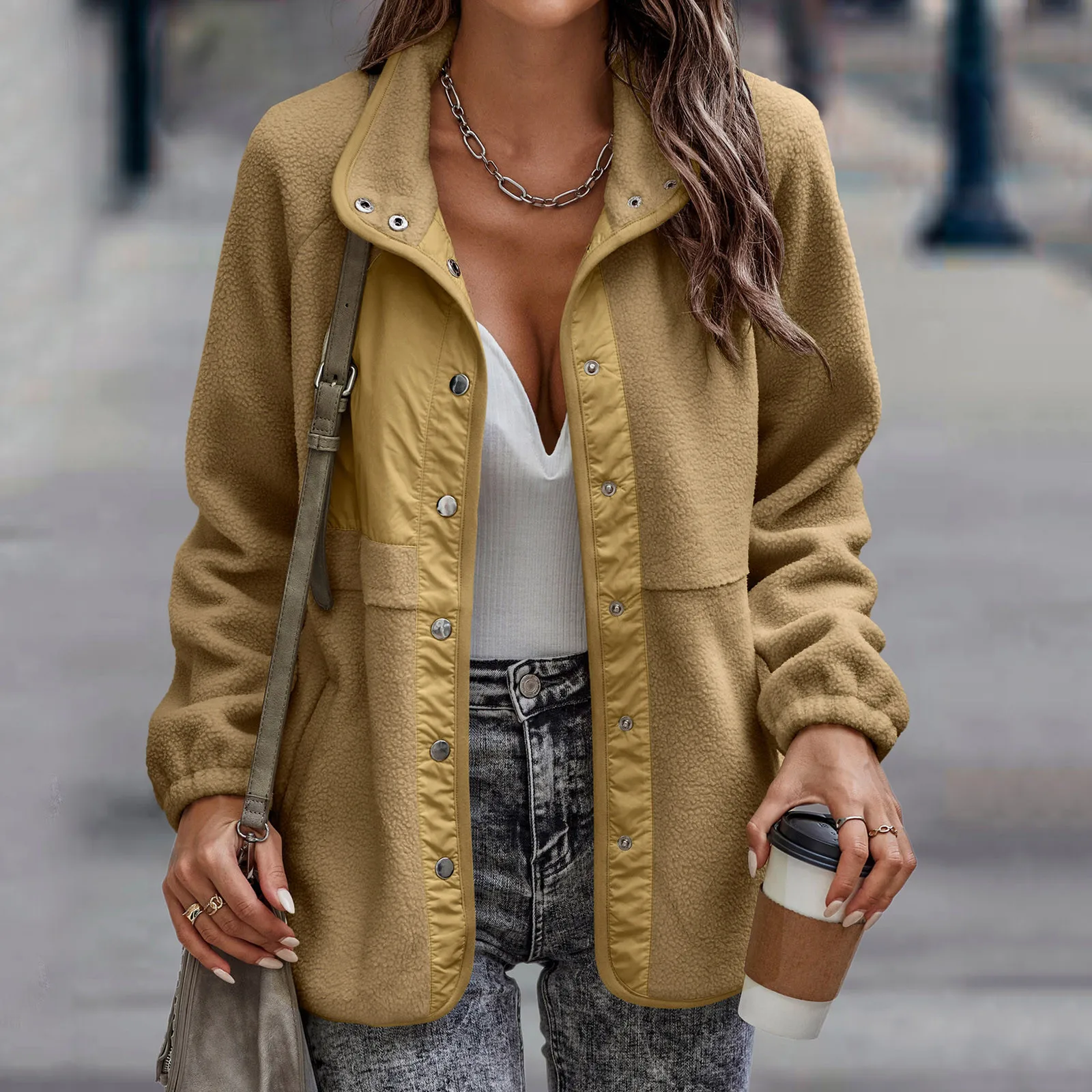 

Женская Повседневная однотонная куртка на пуговицах с отворотом и длинным рукавом, плюшевая куртка в стиле пэчворк, женские зимние куртки р...