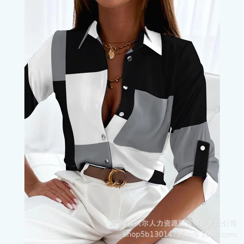 

Рубашка с геометрическим принтом, осень 2023, с длинным рукавом, на пуговицах, однобортные женские блузки, приталенные повседневные рубашки, блузки для работы