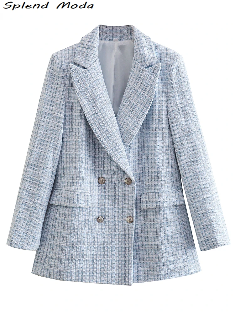 

2022 Za Women Fashion Office Lady Style Plaid Tweed Double Breasted Blazers Casual Long Sleeve Pockets Blazer Female Outwear