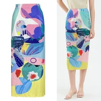 fashion designer pleated women skirt summer new contrast colours printing bottom half dresses