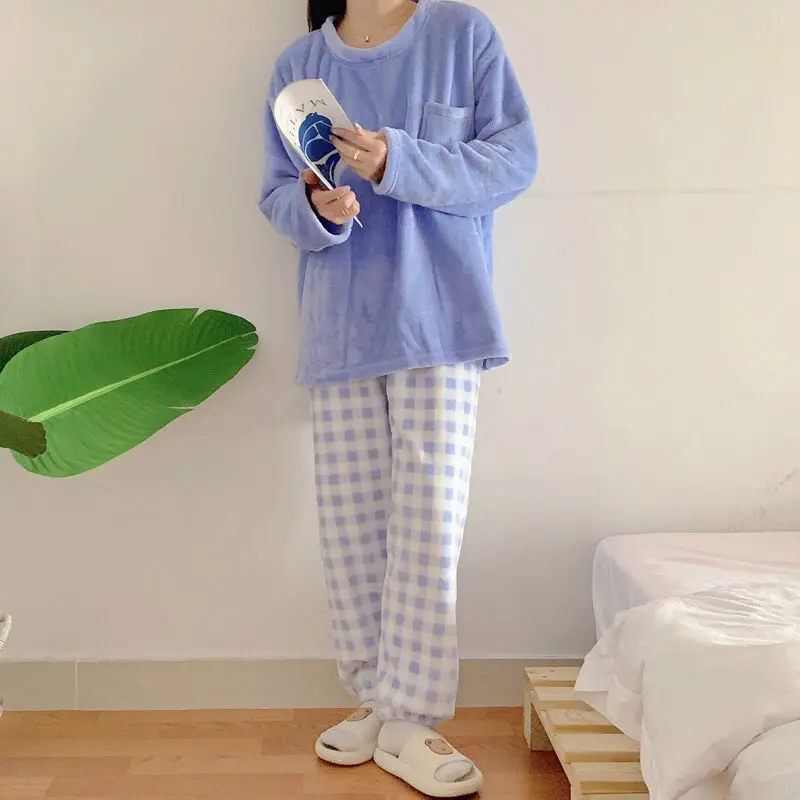 QWEEK Pajama Woman Winter Solid Color Coral Fleece Pijamas Plaid Bottoms Girls Home Clothes Lounge Wear Pyjamas Pour Femme Cute