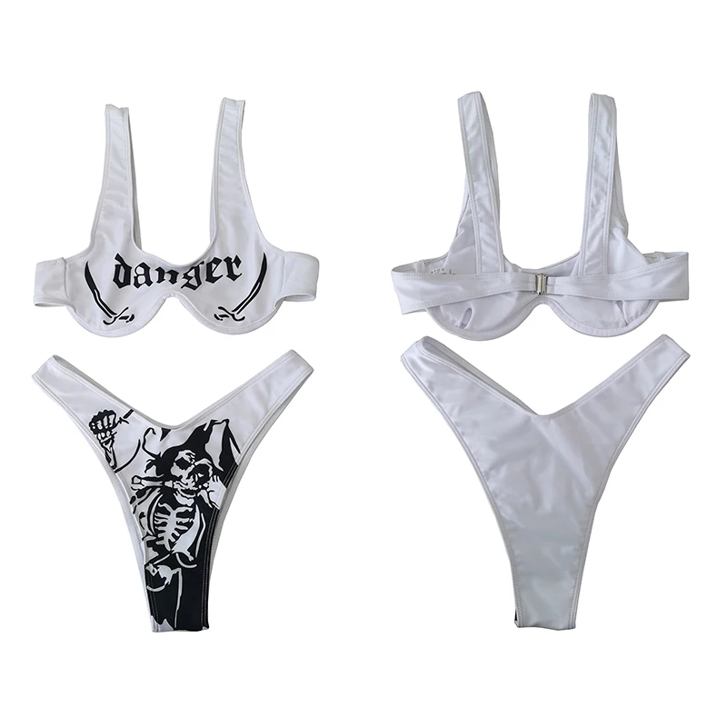 

2 Pcs Women Bathing Suits, Adults Underwired Padded Letter & Sword Pattern U-Shaped Neck Bra Tops + Demon Pattern Thong