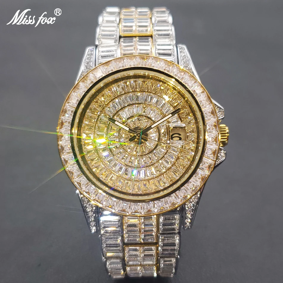 MISSFOX Full Diamond Watch For Men Hip Hop Ice Out Stainless Steel Watches High Quality Luminous Waterproof Male Clock 2022 New