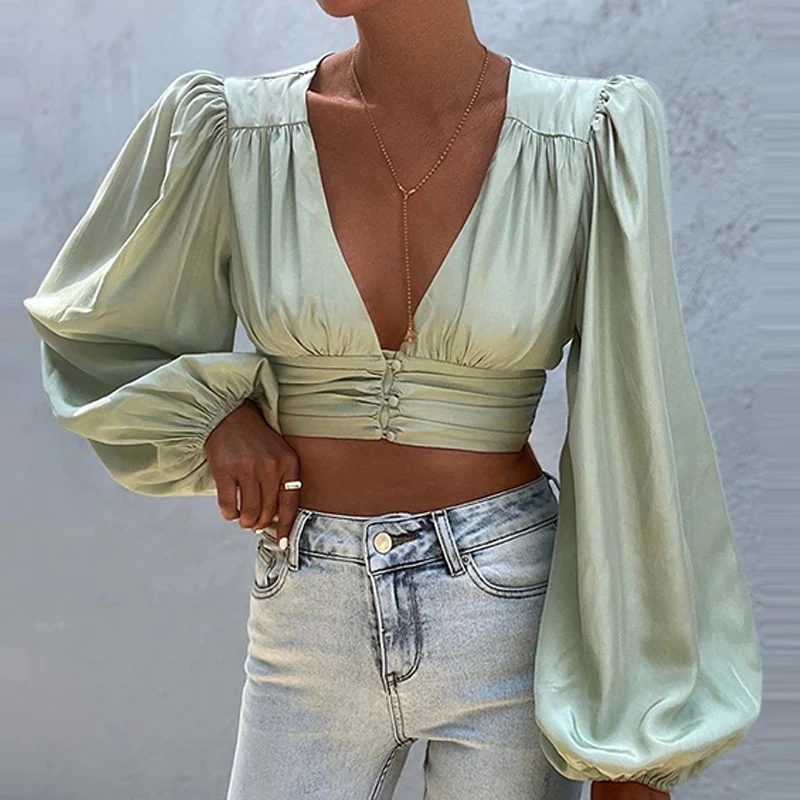 

Пикантные весенние однотонные рубашки с открытой спиной на шнуровке, пикантная атласная блузка с глубоким V-образным вырезом, элегантные пл...