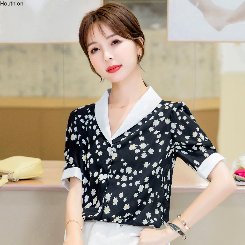 

Women's Blouses Fashion Tops Casual Shirts Loose Blusas Chiffon Lapel Short Sleeve Korean New Summer