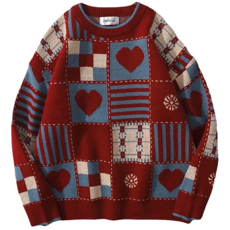 Vintage Sweater Mens Hip Hop Streetwear Harajuku Retro Japanese Style Love Knitted Sweater 2023 Couples Autumn Pullover