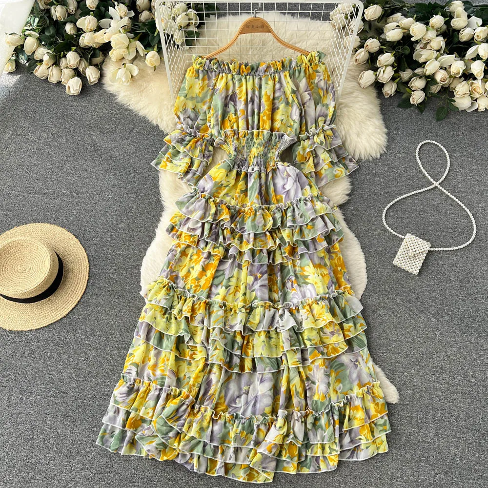 

Новинка осеннее милое и нежное платье с открытыми плечами цветочное французское ретро Тонкое Платье с подолом