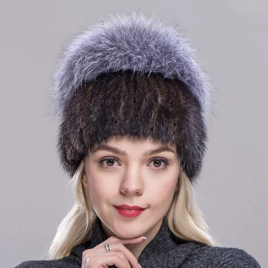 FOX High quality On fashion new  Hot Sale Fashion with Winter Warm The Women Knitting Caps Fur Mink hats Top Vertical weaving