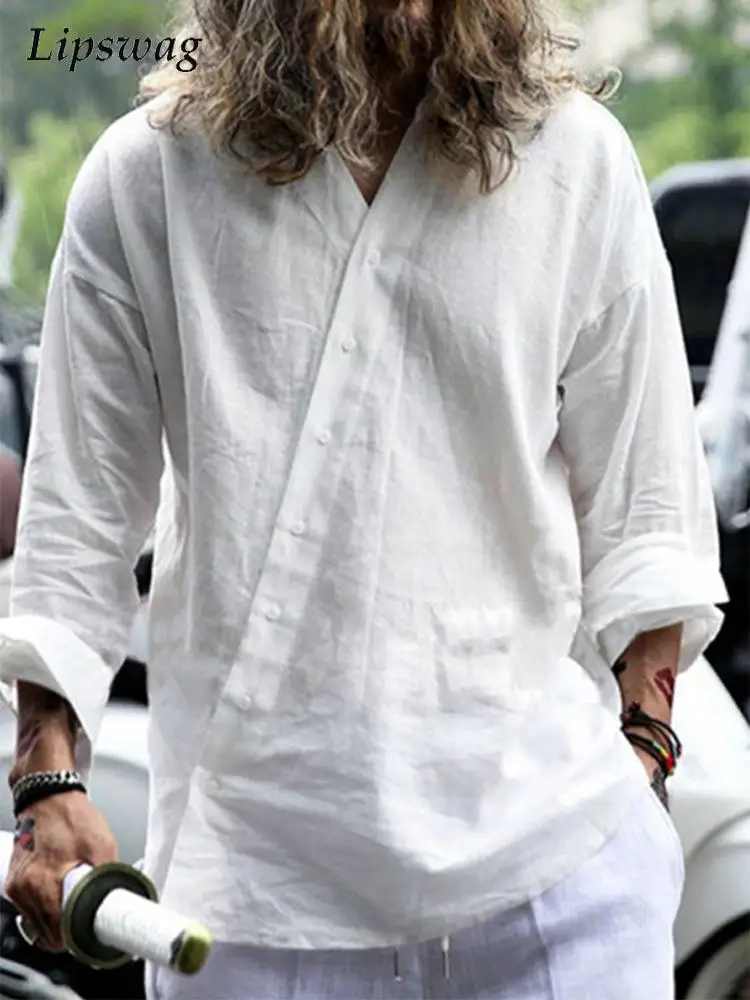 

Vintage Cotton Linen Tops Men 2022 Summer Solid Button-up V Neck Pullover Tee Shirts Mens New Long Sleeve T-shirt Streetwear