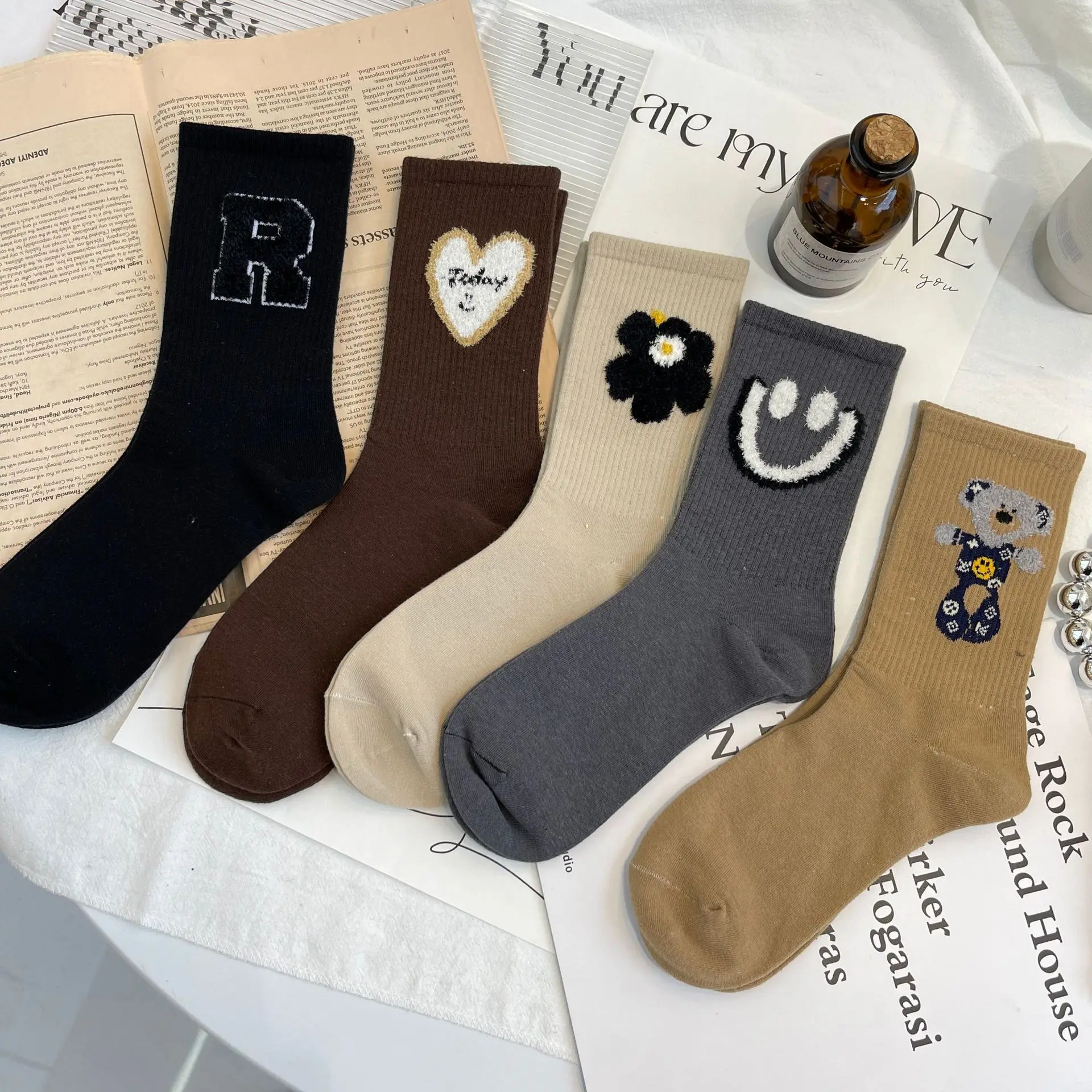 

Autumn and winter new down gauze socks ins tide mid-tube socks pure cotton cute women's cotton socks