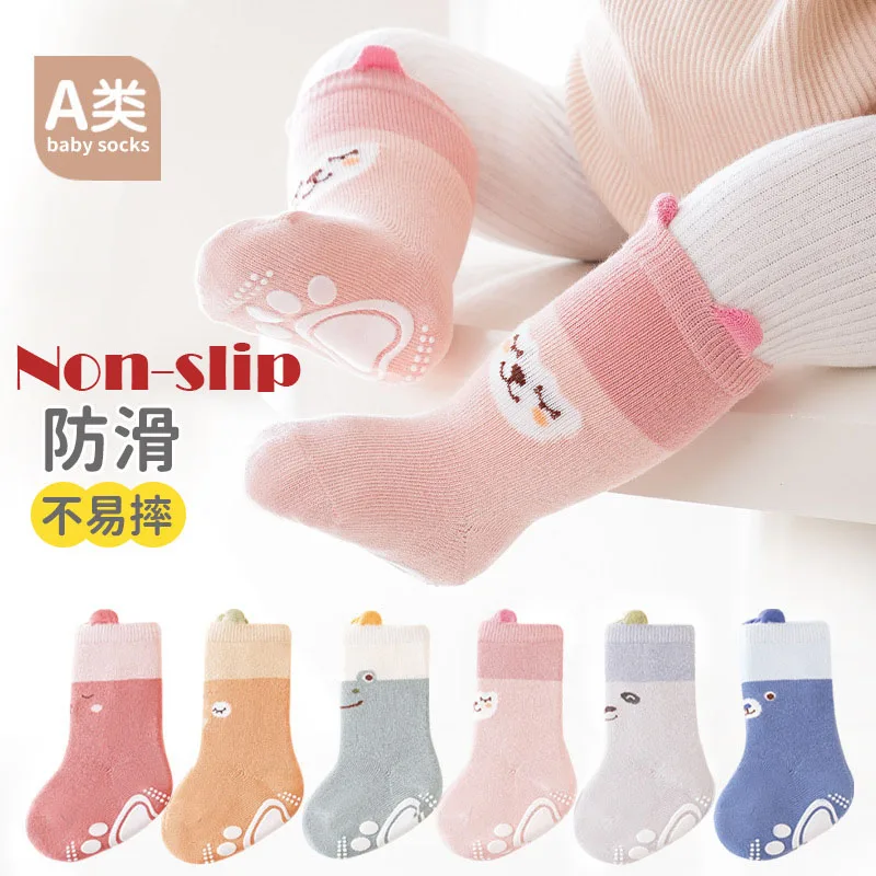 

YS 2023 Spring Autumn Baby Socks Newborn Infant Calf Cotton Socks With Grips Non-slip 3 Pairs/pack For 1-3 year-old Baby