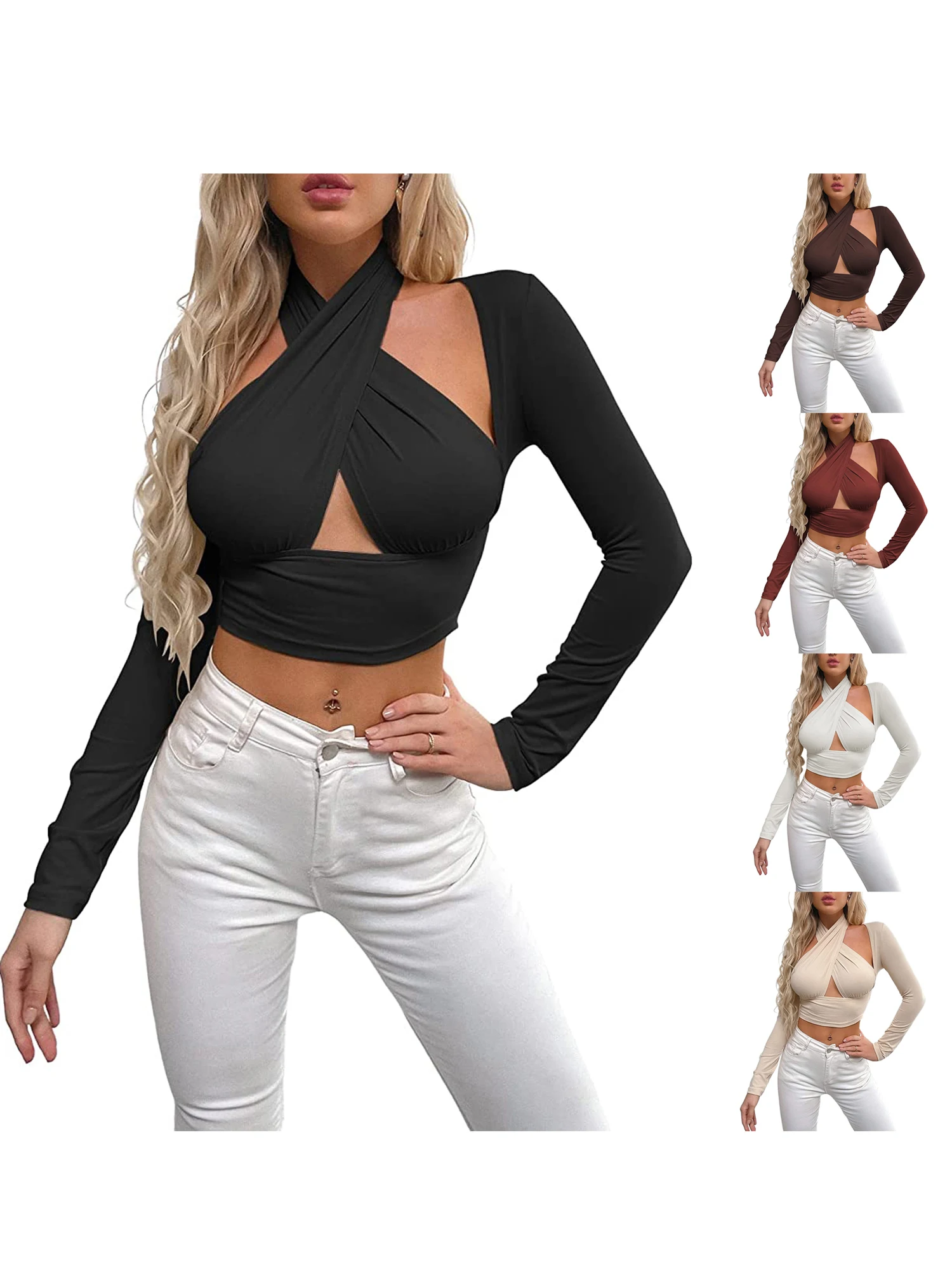 

Ladies Fashhion Hollow Midriff-baring Tops Women Leisure Style Solid Color Cross Hanging Neck Long Sleeve Camisole Slim Blouse