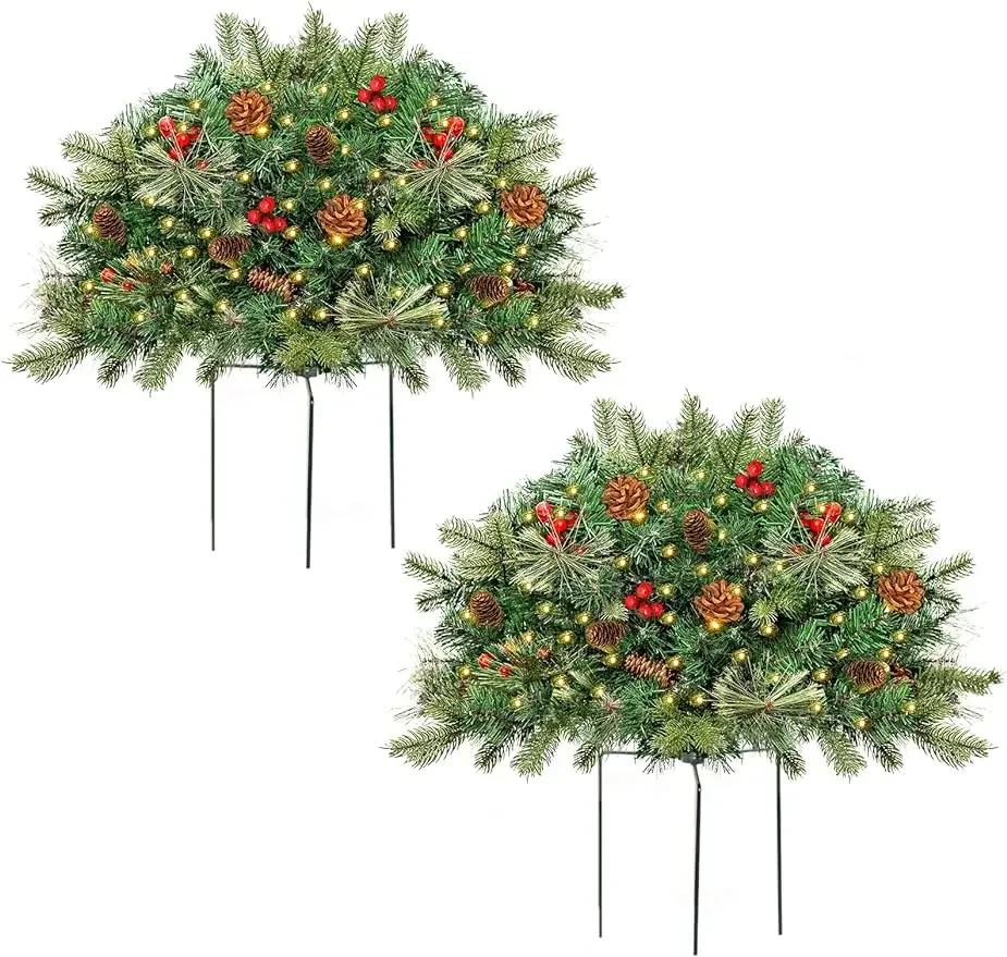 

Уличная Рождественская елка, матовый наполнитель для урн, 2 комплекта, предварительно зажженная искусственная Рождественская елка с конусами и красными ягодами, Маленькая Рождественская елка