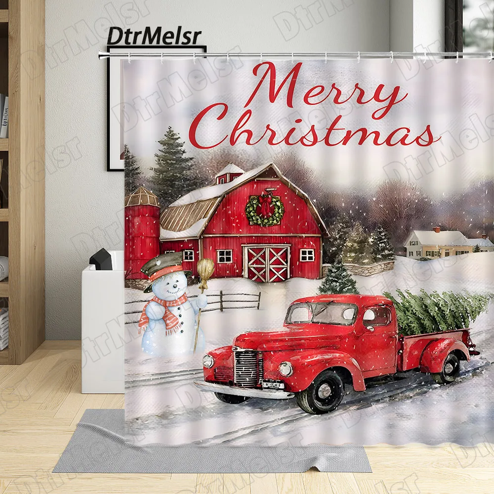 

Рождественские занавески для душа для декора ванной комнаты, фермерский красный грузовик, снеговик, зимний пейзаж, новый год, комплект тканевых занавесок для дома