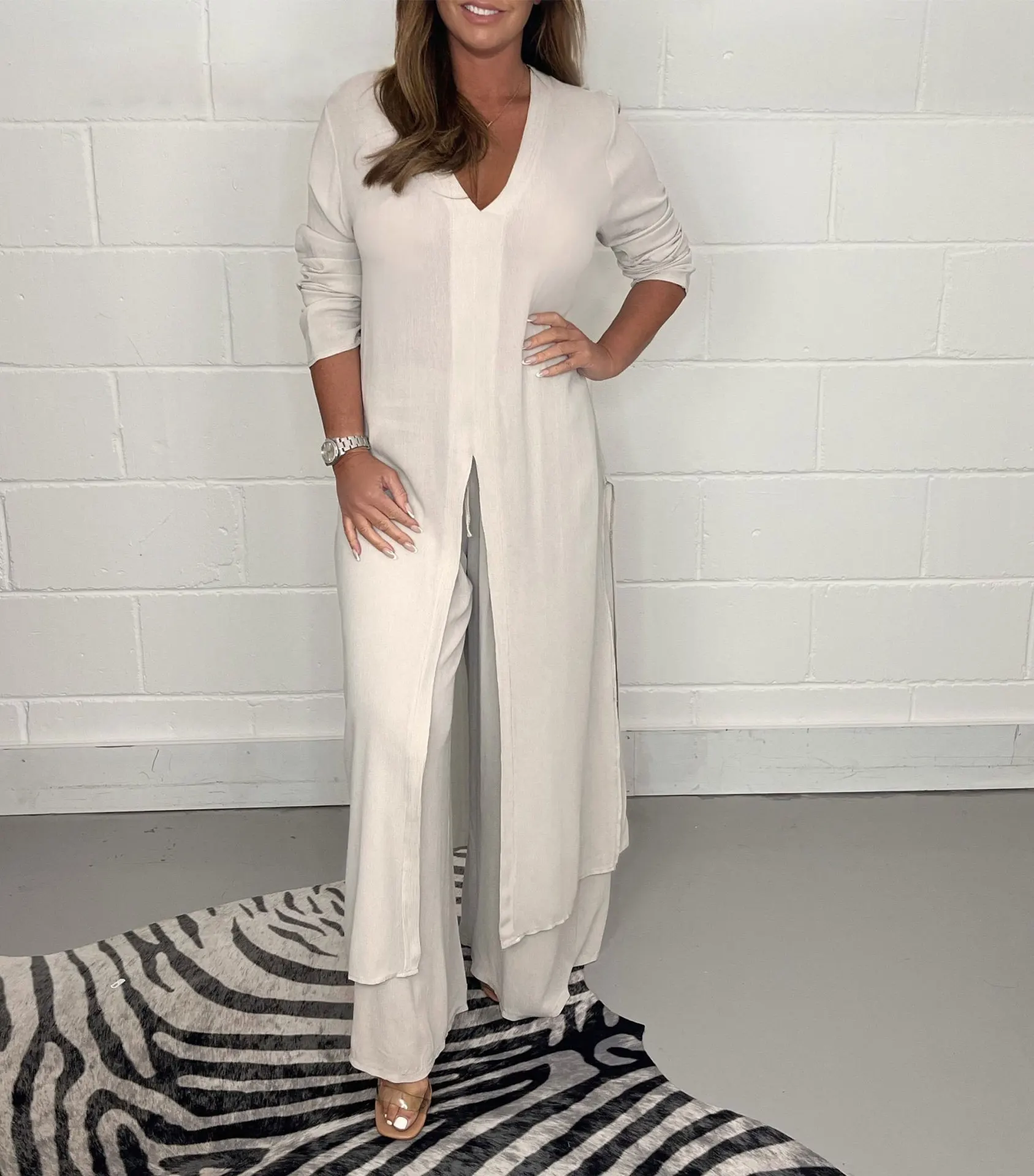 

White Women's Set 2023 New in Slit Long Shirt Pants Suit Outwear Elegant Office Ladies Work Two Piece Sets