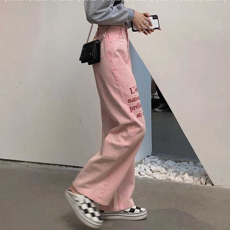 Women Casual High Waist oversized Wide Leg Jeans 2023 Letter Print Pink Straight Denim Pants Streetwear Boyfriend Style Jeans