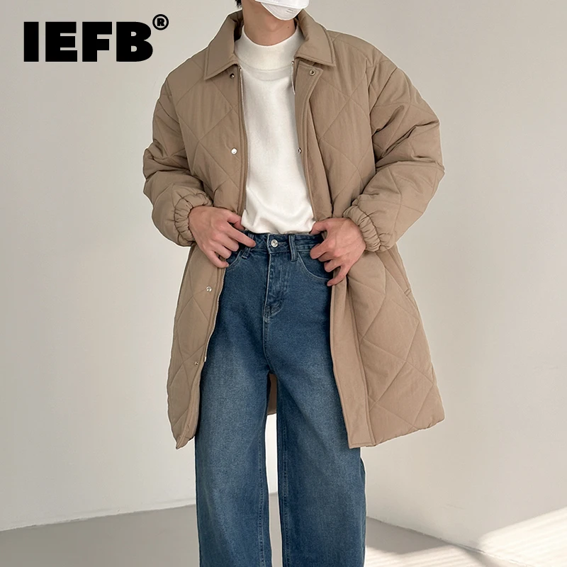 

IEFB New Medium Long Men Cotton Coat Diamond Embossed Zipper Placket 2022 Turn-down Collar Male Jacket Turn-down Collar 9A6268
