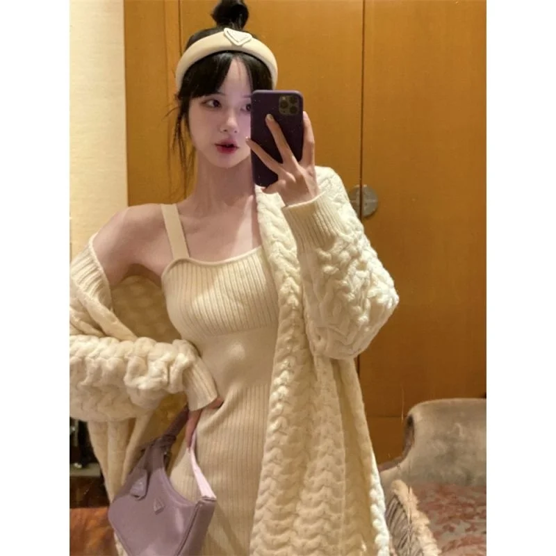 

YICIYA Two Piece Set For Women Knitwears Dress Sets Y2k Long Sweater Cardigan Female Knitted Suspender Dress Elegant Women's Set