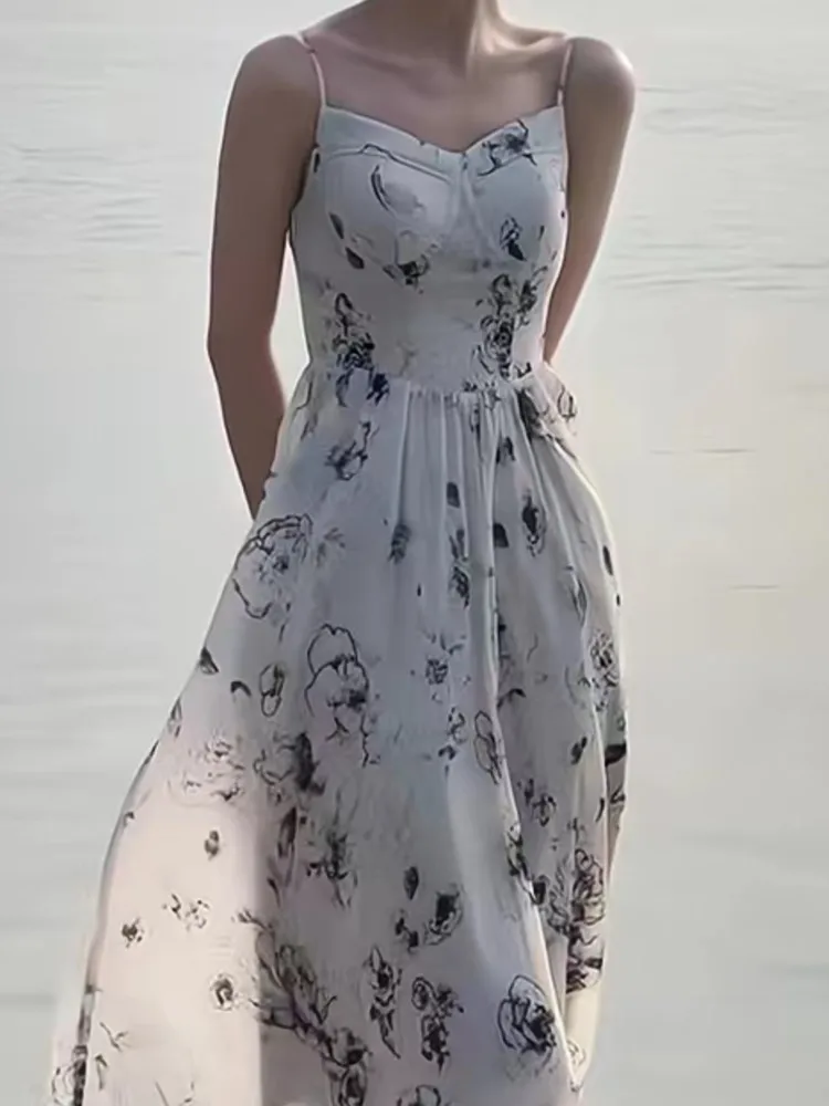 

Summer Casual Floral Print Midi Women Dress Spaghetti Strap A-Line Beach Holiday Sundress Femme Fashion Maxi Party Clothes New