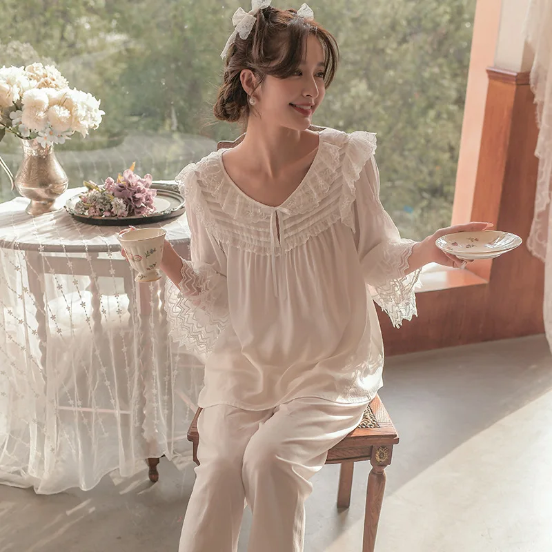French Court Style Sweet Nightwear Women's Spring Autumn Long Sleeve Princess Fairy Lace Home Clothes 2Pcs Set Girl Sleepwear