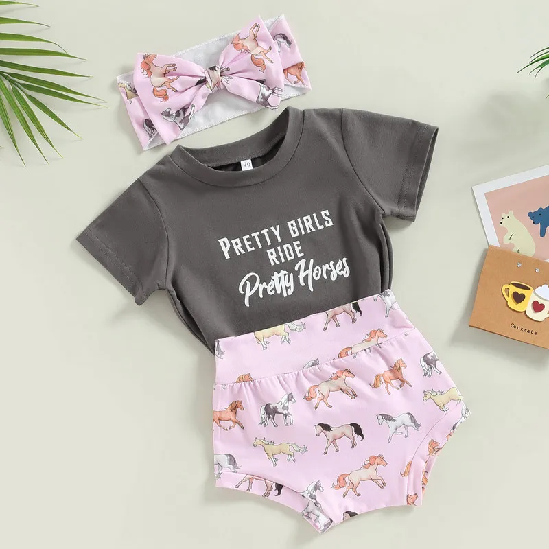 

Newborn Baby Girl Summer Clothes Short Sets Letter Short Sleeve T-Shirts Horse Elastic Waist Shorts Headband Set 0 to 24 Months