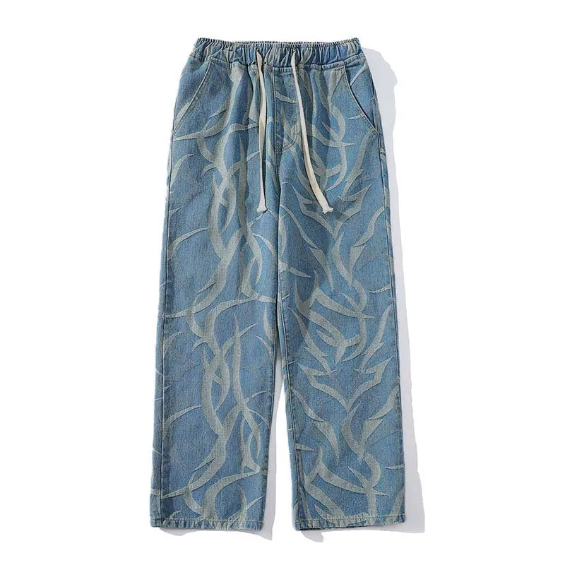 New Y2K Men's Printed Denim Pants Straight Casual Jeans Fashion Streetwear Japan Style Retro Drawstring Mopping Trousers Casual