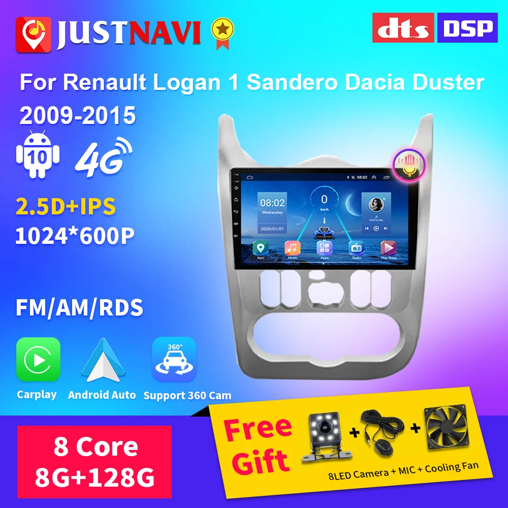 JUSTNAVI Android 10 Car Radio For Renault Logan 1 Sandero 2009-2015 Dacia Duster Stereo Video Player Navigation GPS Record Taper