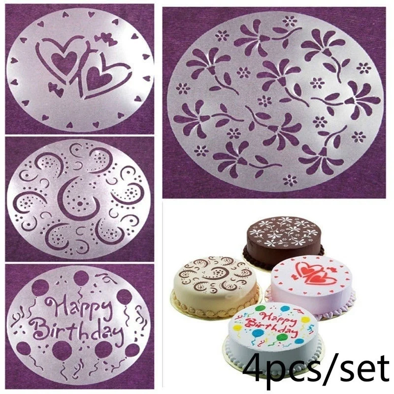 

DIY 4 Styles Eco Friendly High Quality Flower Heart Spray Stencils Birthday Cake Mold Decorating Bakery Tools