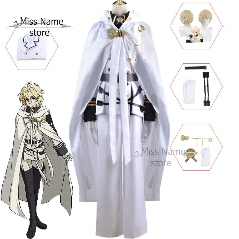 

Mikaela Hyakuya Cosplay Anime Seraph of The End Cosplay Costume Halloween Party White Cloak Trench Coat Pants Gloves Wig Set