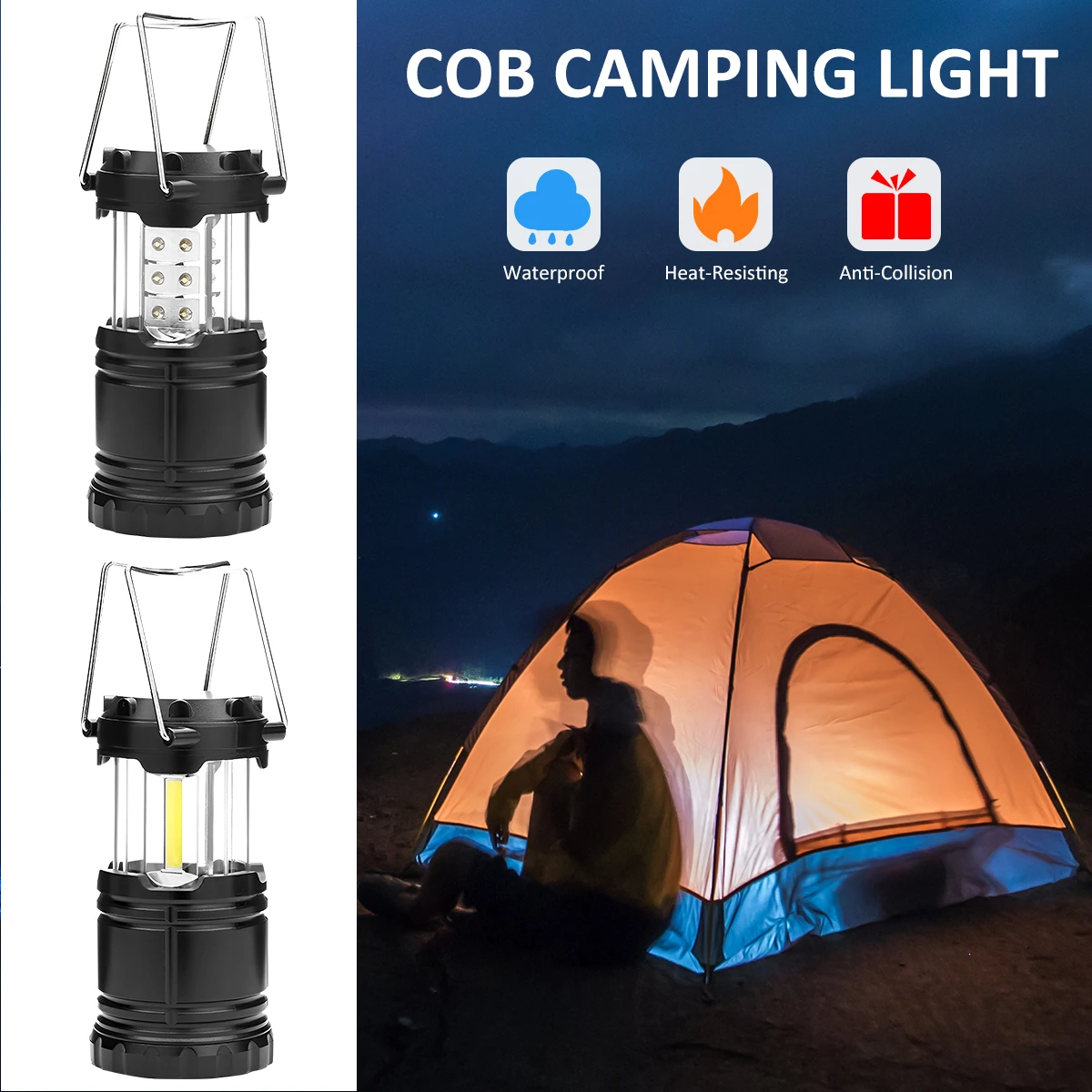 

COB LED Camping Portable Lantern Waterproof Tent Light Outdoor Working Light Battery Powered Handheld Flashlight Searchlight