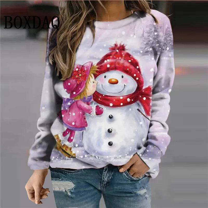 

Casual Party X-Mas Sweatshirt For Winter 2022 Women Christmas Snowman Print Hoodie Fashion Long Sleeve Cute Kawaii Tops Pullover