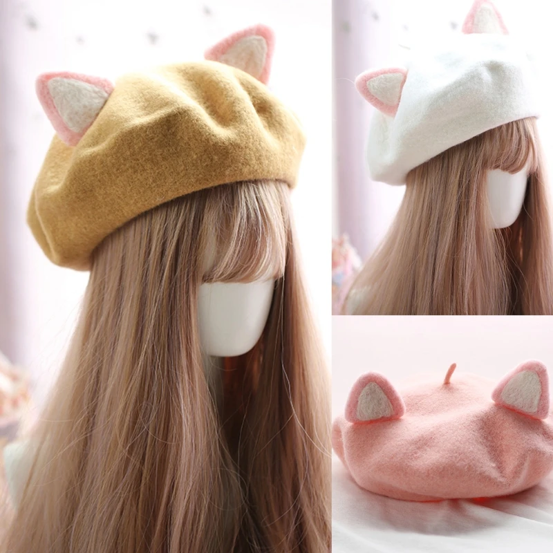 

Trendy Painter Hat Solid Color Cartoon Beanie Hat Ears Beret Hat All-match